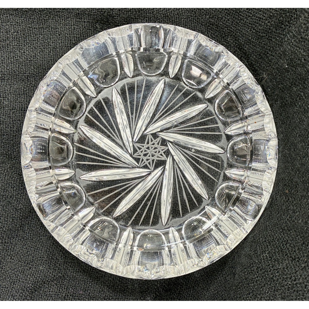 Vintage Heavy Cut Glass Ashtray Pinwheel Starburst Pattern 7 Inch Round